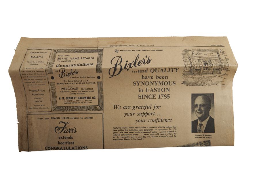 A newspaper page: Bixler's and quality, synonymous since 1785