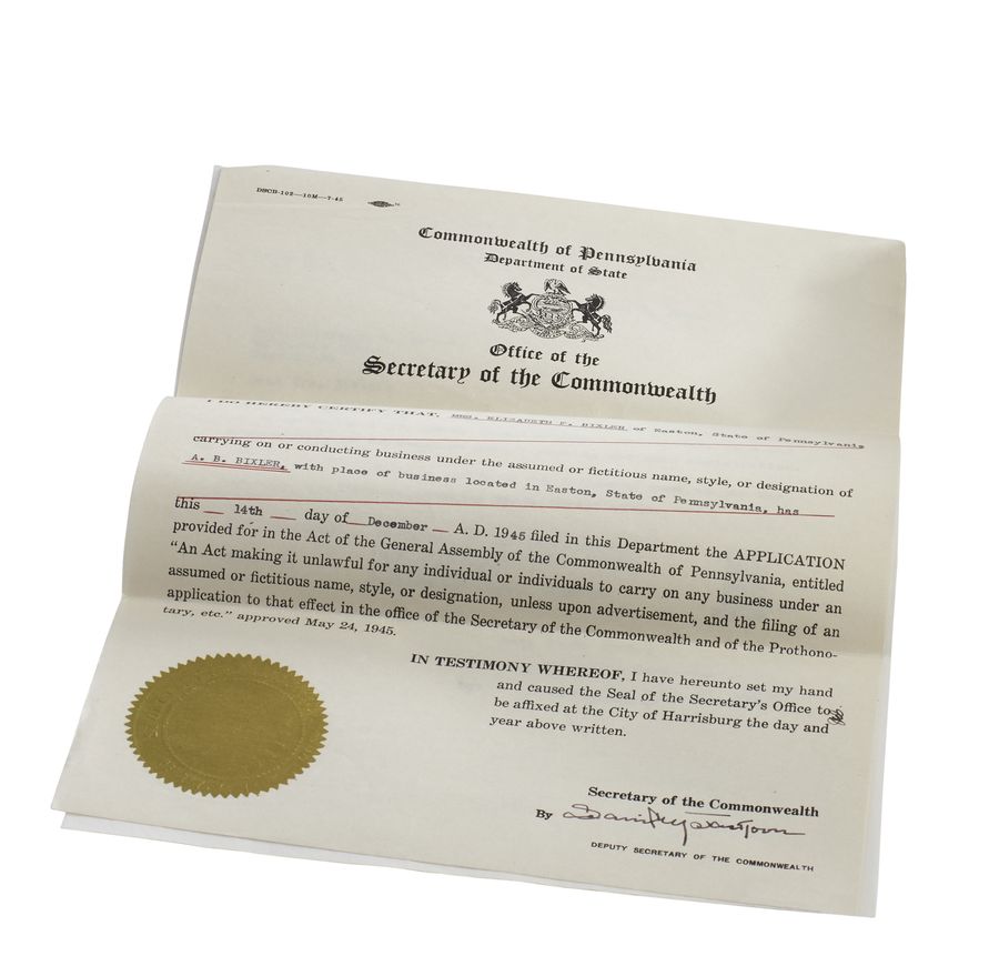 A certificate from the Commonwealth of Pennsylvania