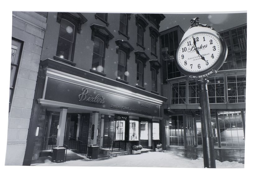 The store and its clock in the snow
