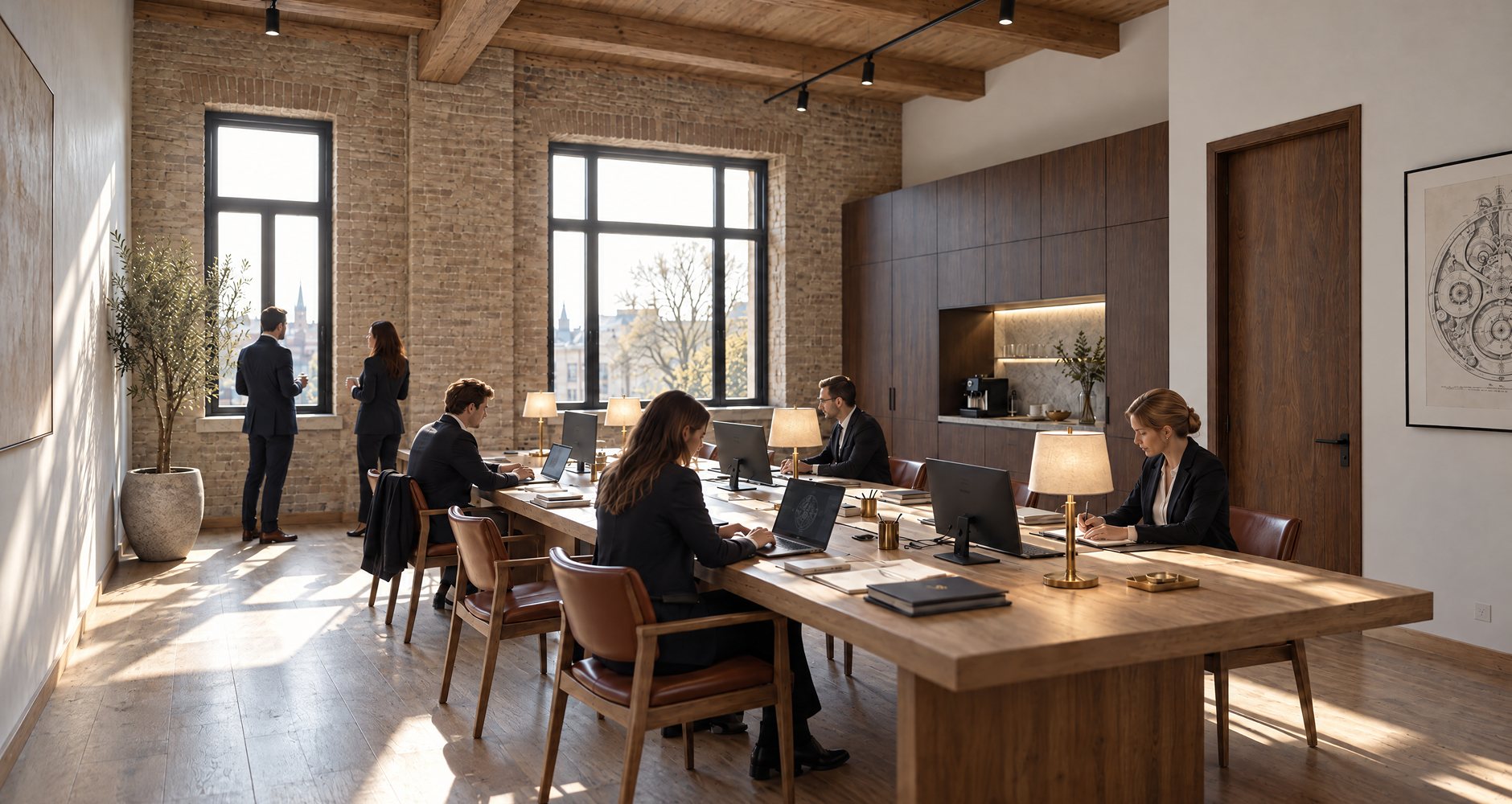 Interior render of the new house: the administration, a long table under the brick wall's windows, a kitchen in the panelling