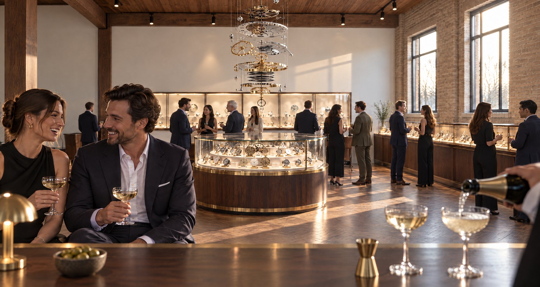 Interior render of the new house: an evening in the museum, seen from its bar