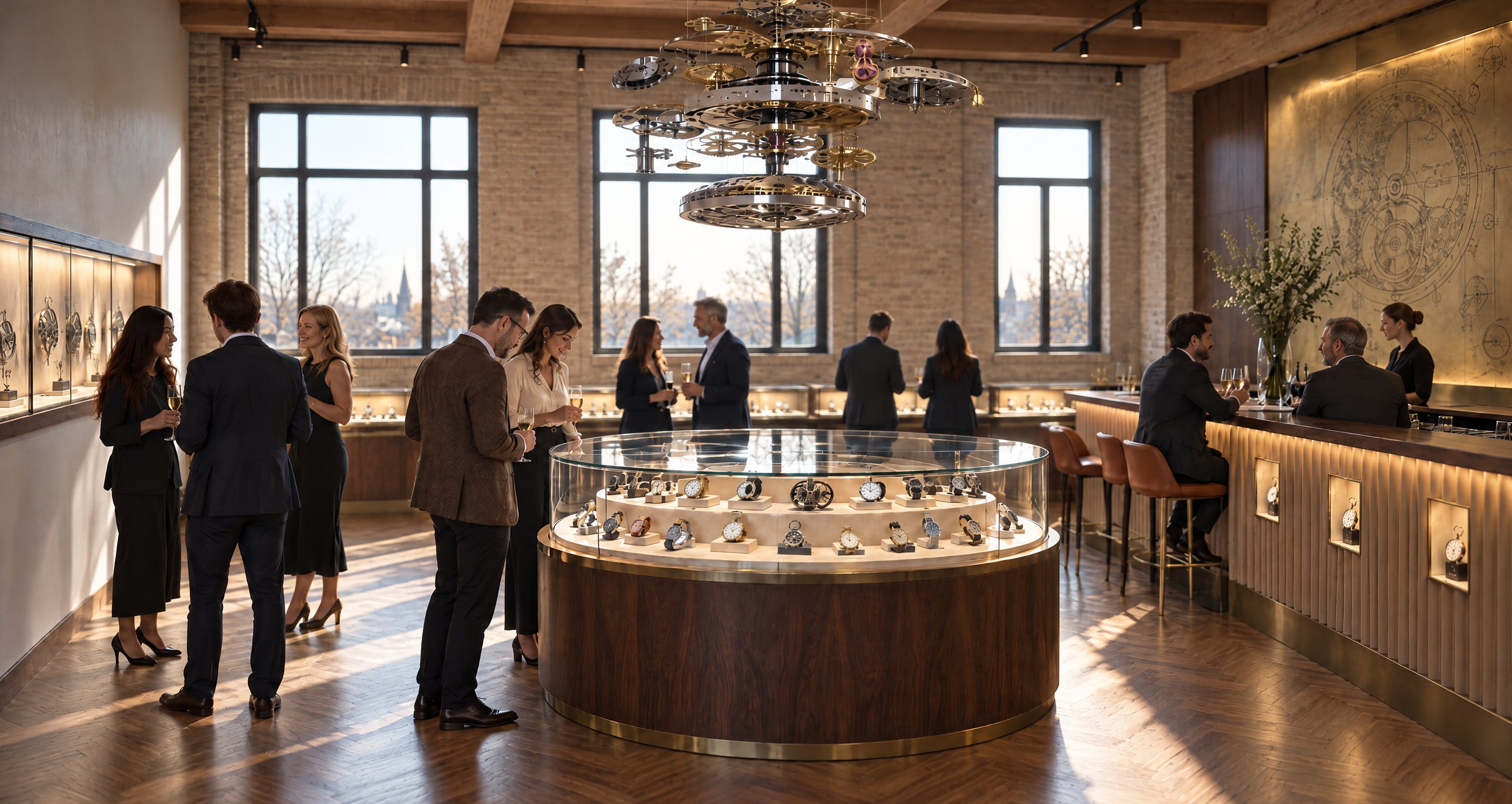 Interior render of the new house: the museum, a round case of watches under a suspended movement, the bar on the right