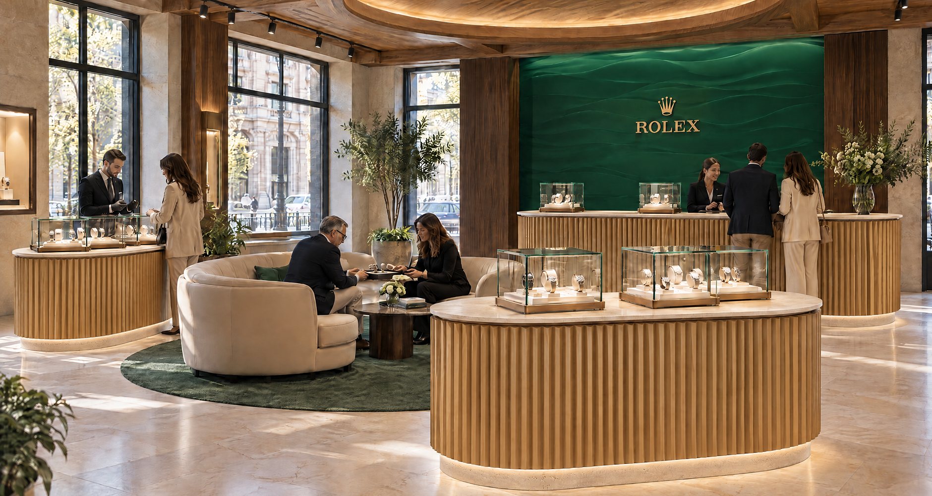 Interior render of the new house: the Rolex Corner, its green wall and counters