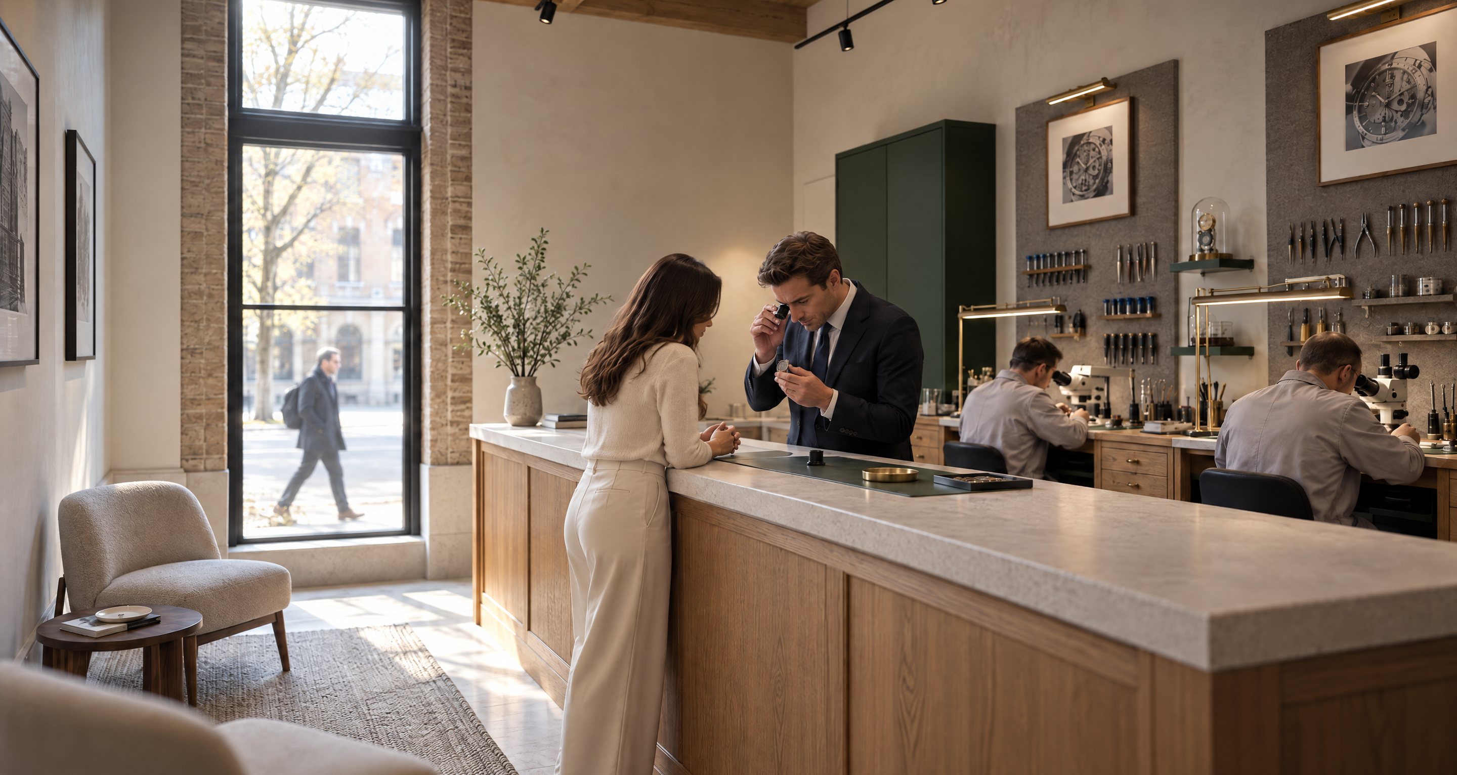 Interior render of the new house: the service center, a client at the counter and watchmakers at their benches